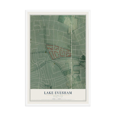 Map of Lake Evesham, Maryland, 12 x 18 inch print in a white wood frame