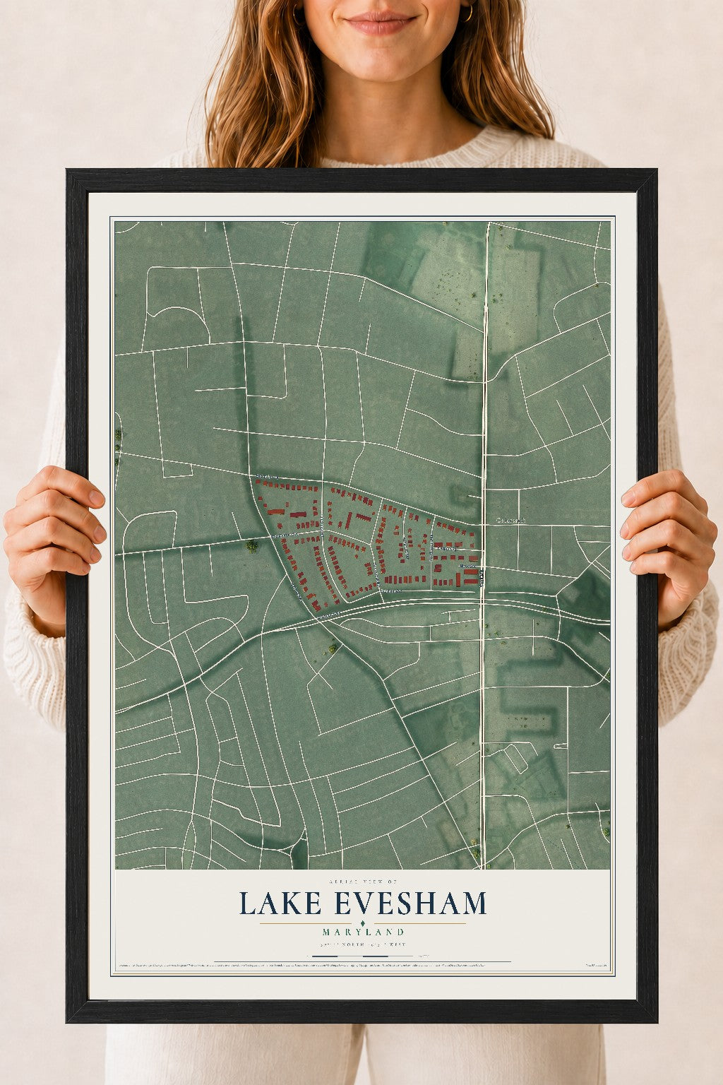 Map of Lake Evesham, Maryland, 18 x 24 inch print in a black wood frame