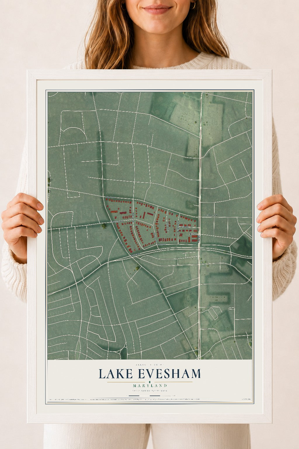 Map of Lake Evesham, Maryland, 18 x 24 inch print in a white wood frame