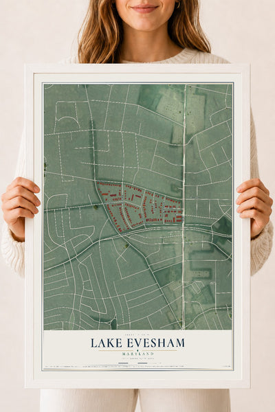 Map of Lake Evesham, Maryland, 18 x 24 inch print in a white wood frame