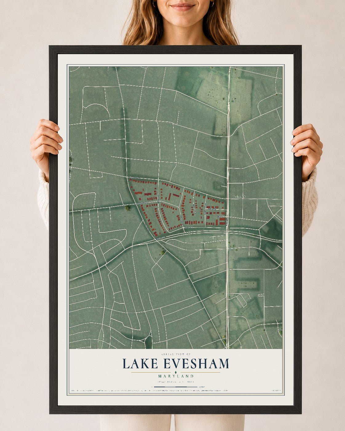 Map of Lake Evesham, Maryland, 24 x 36 inch print in a black wood frame