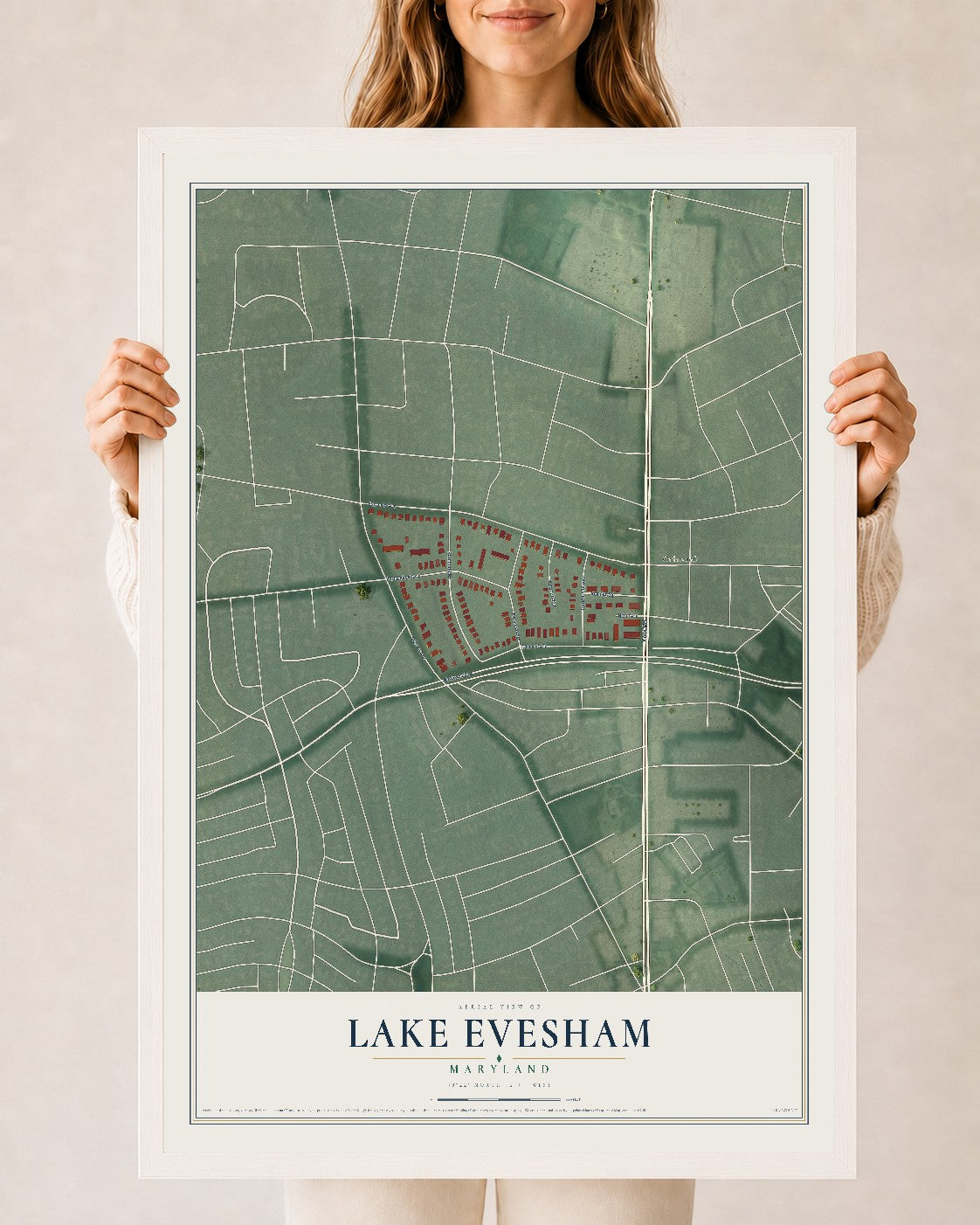 Map of Lake Evesham, Maryland, 24 x 36 inch print in a white wood frame