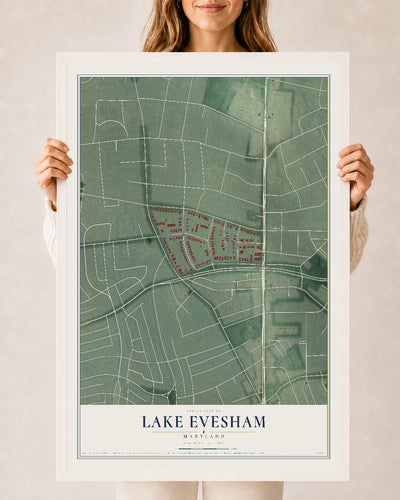Map of Lake Evesham, Maryland, 24 x 36 inch print in a white wood frame