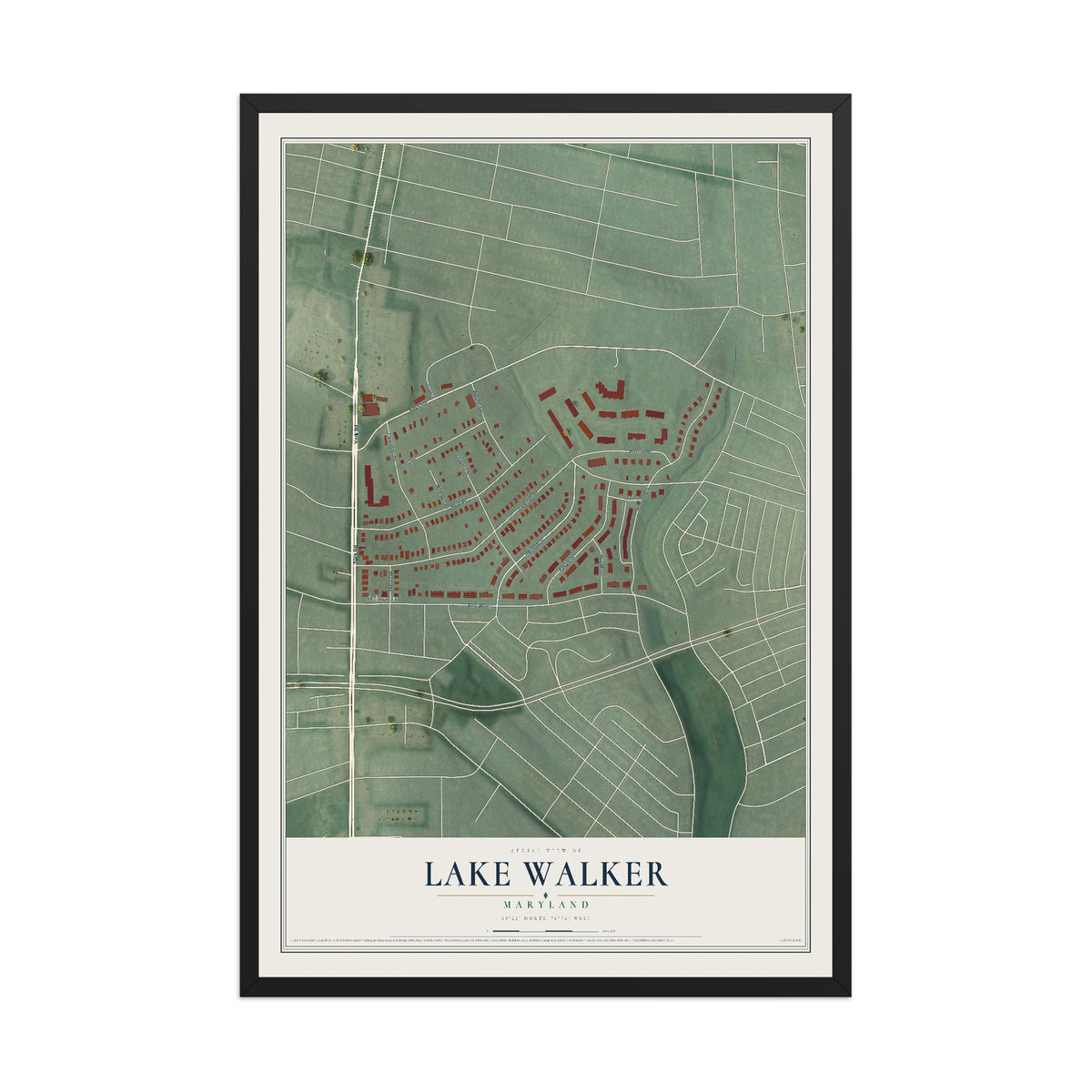 Map of Lake Walker, Maryland, 12 x 18 inch print in a black wood frame