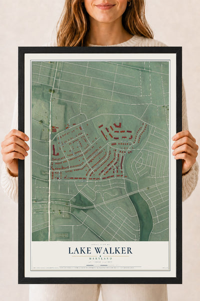 Map of Lake Walker, Maryland, 18 x 24 inch print in a black wood frame
