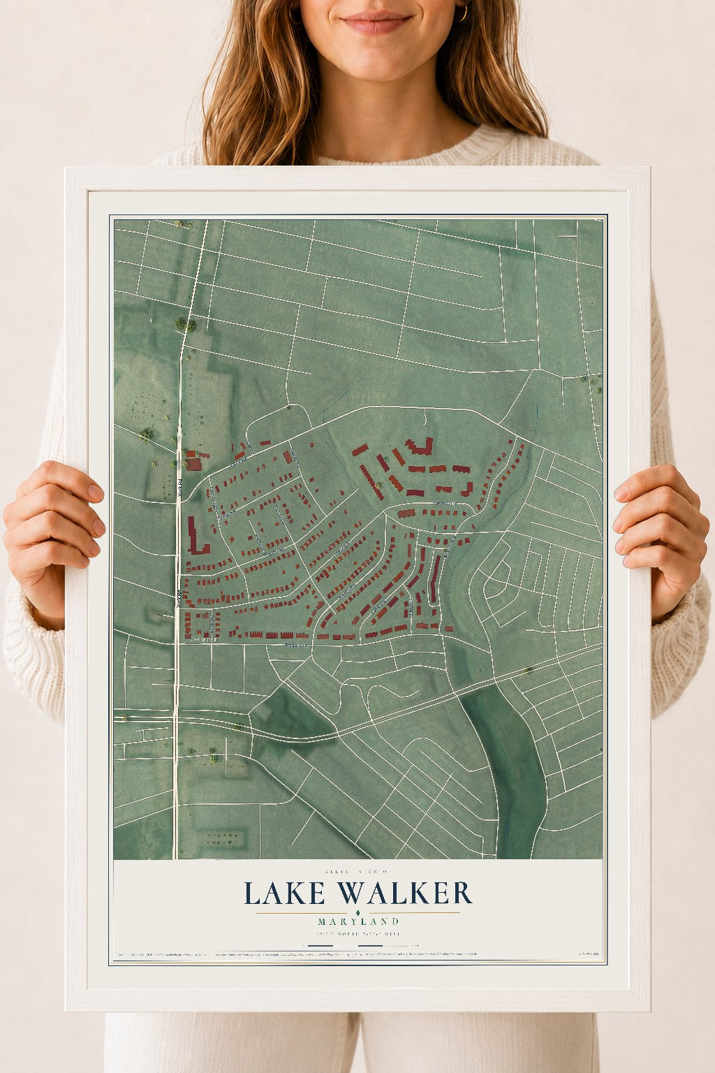 Map of Lake Walker, Maryland, 18 x 24 inch print in a white wood frame
