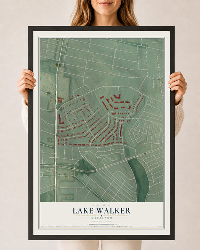 Map of Lake Walker, Maryland, 24 x 36 inch print in a black wood frame