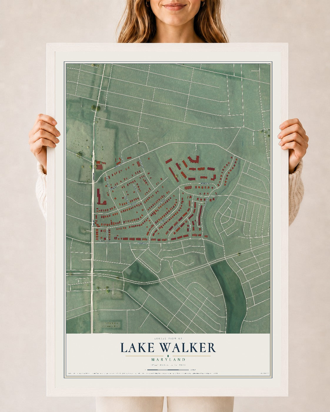 Map of Lake Walker, Maryland, 24 x 36 inch print in a white wood frame