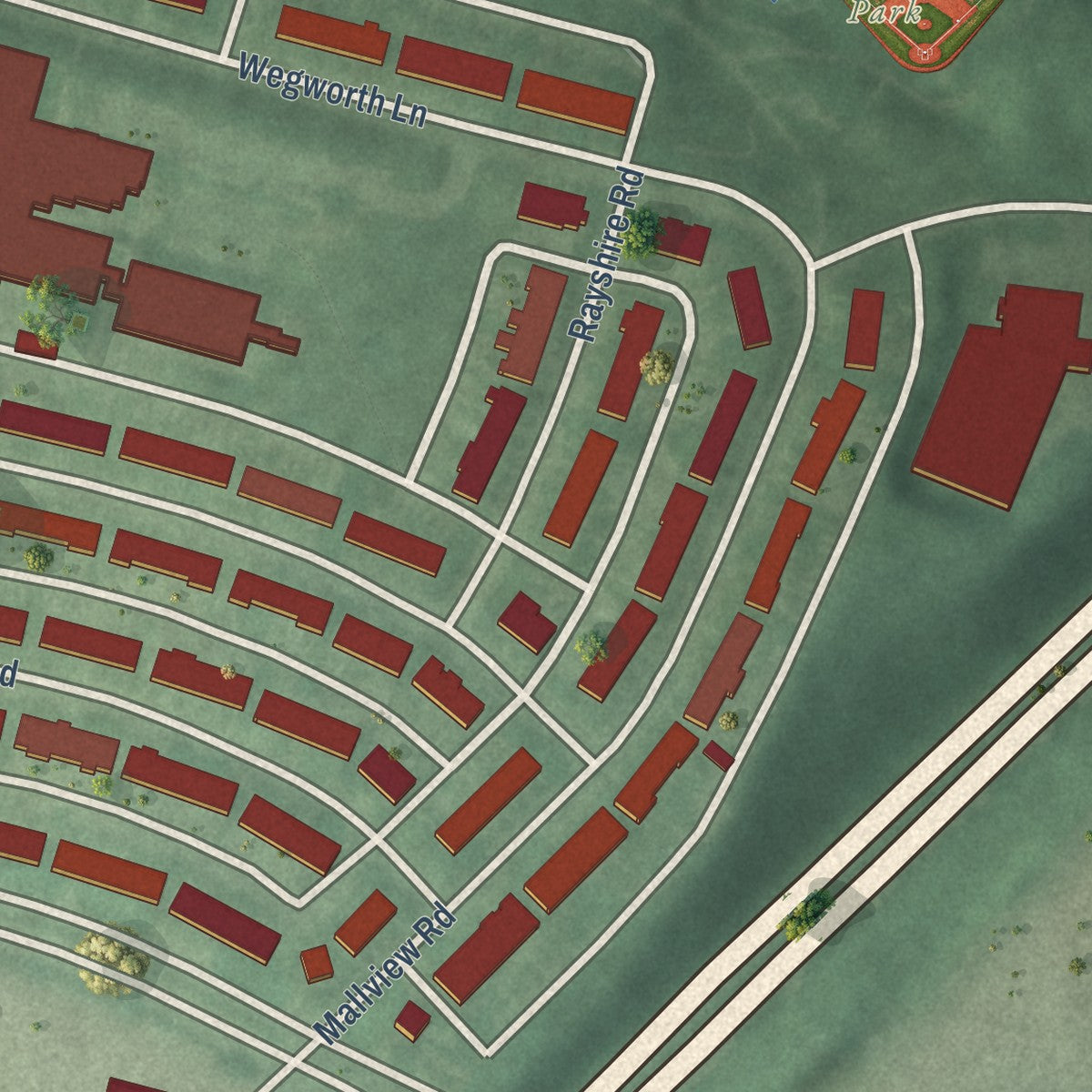Close-up of the map of Lakeland, Maryland print showing street and building detail