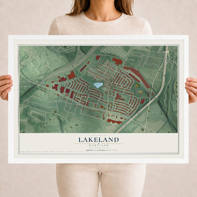 Map of Lakeland, Maryland, 18 x 24 inch print in a white wood frame
