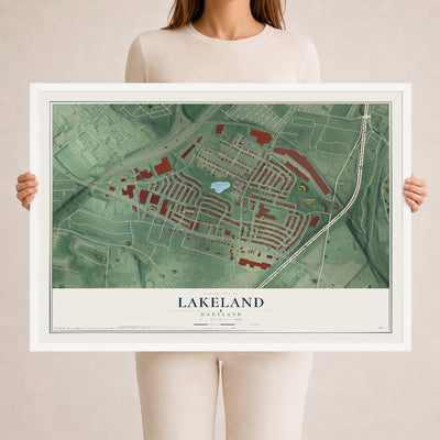 Map of Lakeland, Maryland, 24 x 36 inch print in a white wood frame