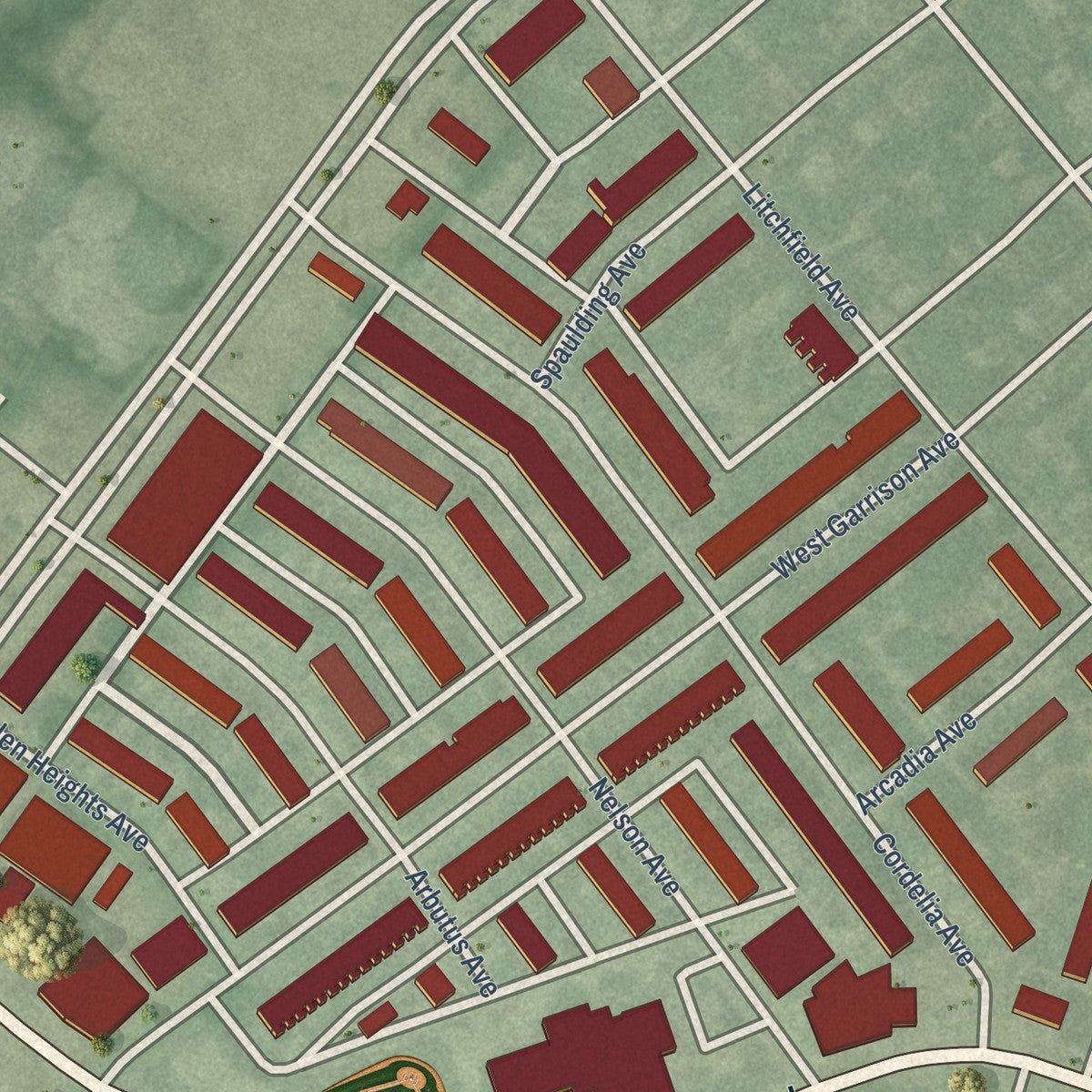 Close-up of the map of Langston Hughes, Maryland print showing street and building detail