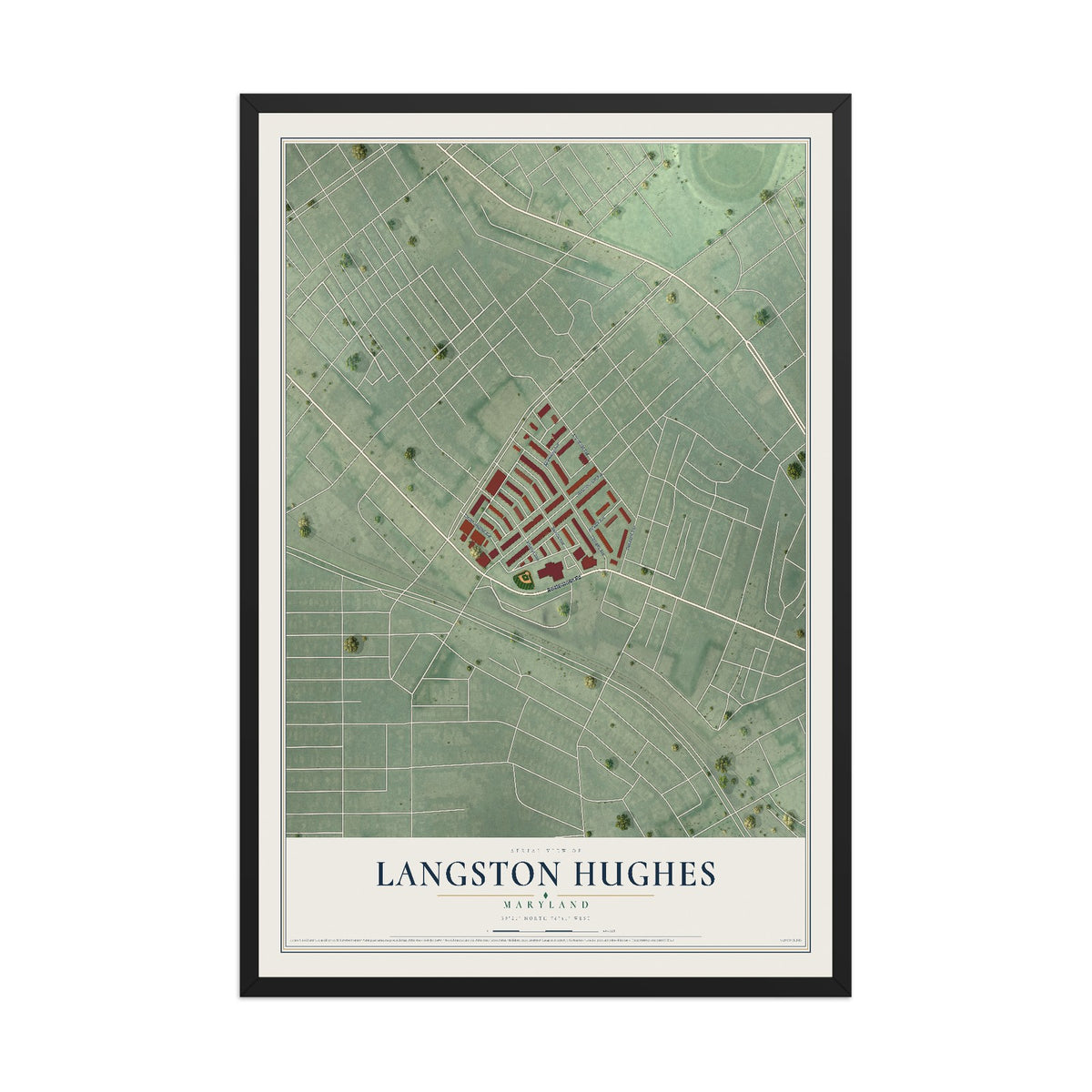 Map of Langston Hughes, Maryland, 12 x 18 inch print in a black wood frame
