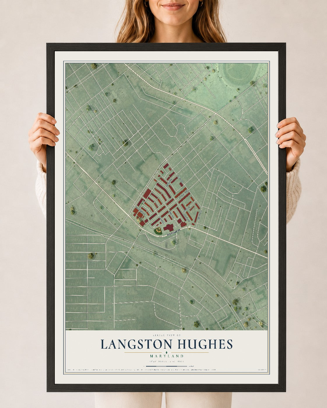 Map of Langston Hughes, Maryland, 24 x 36 inch print in a black wood frame