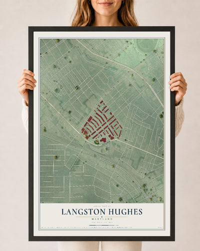 Map of Langston Hughes, Maryland, 24 x 36 inch print in a black wood frame