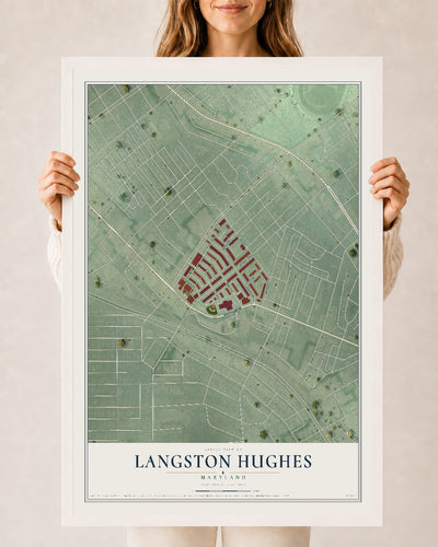 Map of Langston Hughes, Maryland, 24 x 36 inch print in a white wood frame