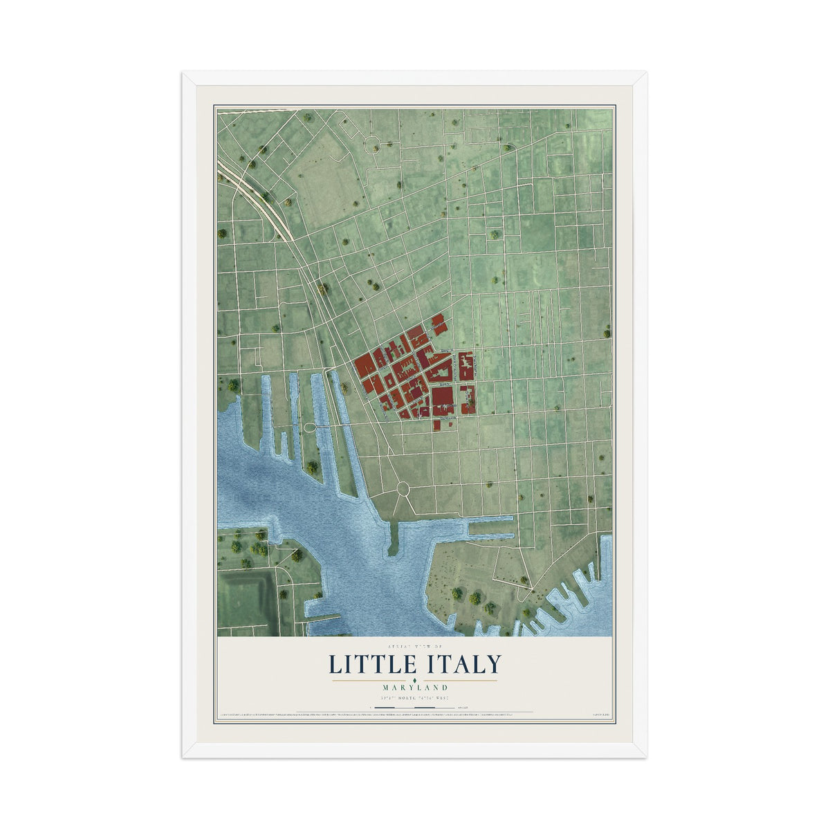Map of Little Italy, Maryland, 12 x 18 inch print in a white wood frame