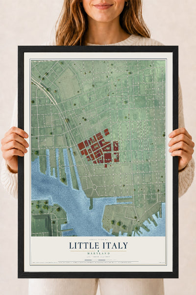 Map of Little Italy, Maryland, 18 x 24 inch print in a black wood frame