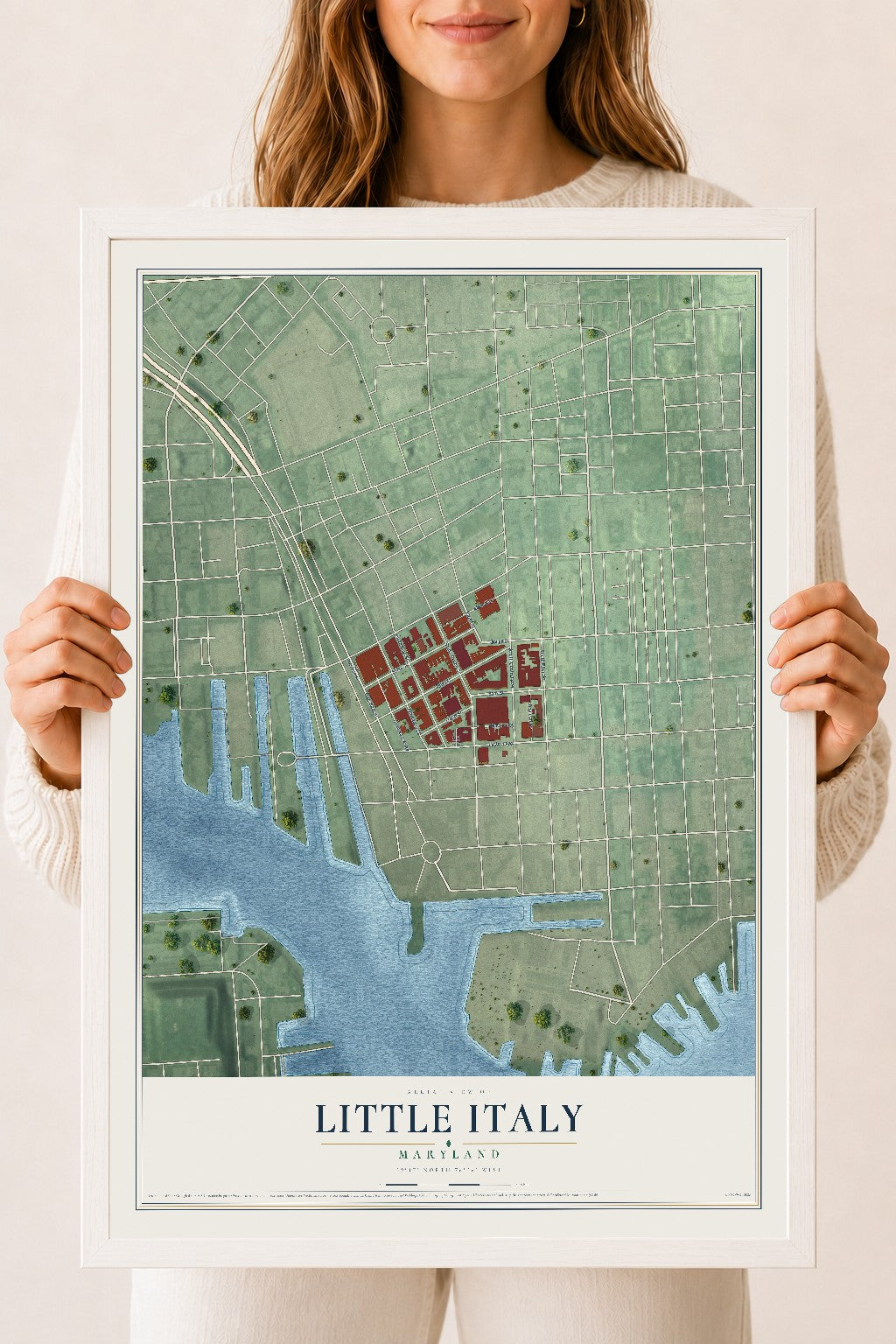 Map of Little Italy, Maryland, 18 x 24 inch print in a white wood frame