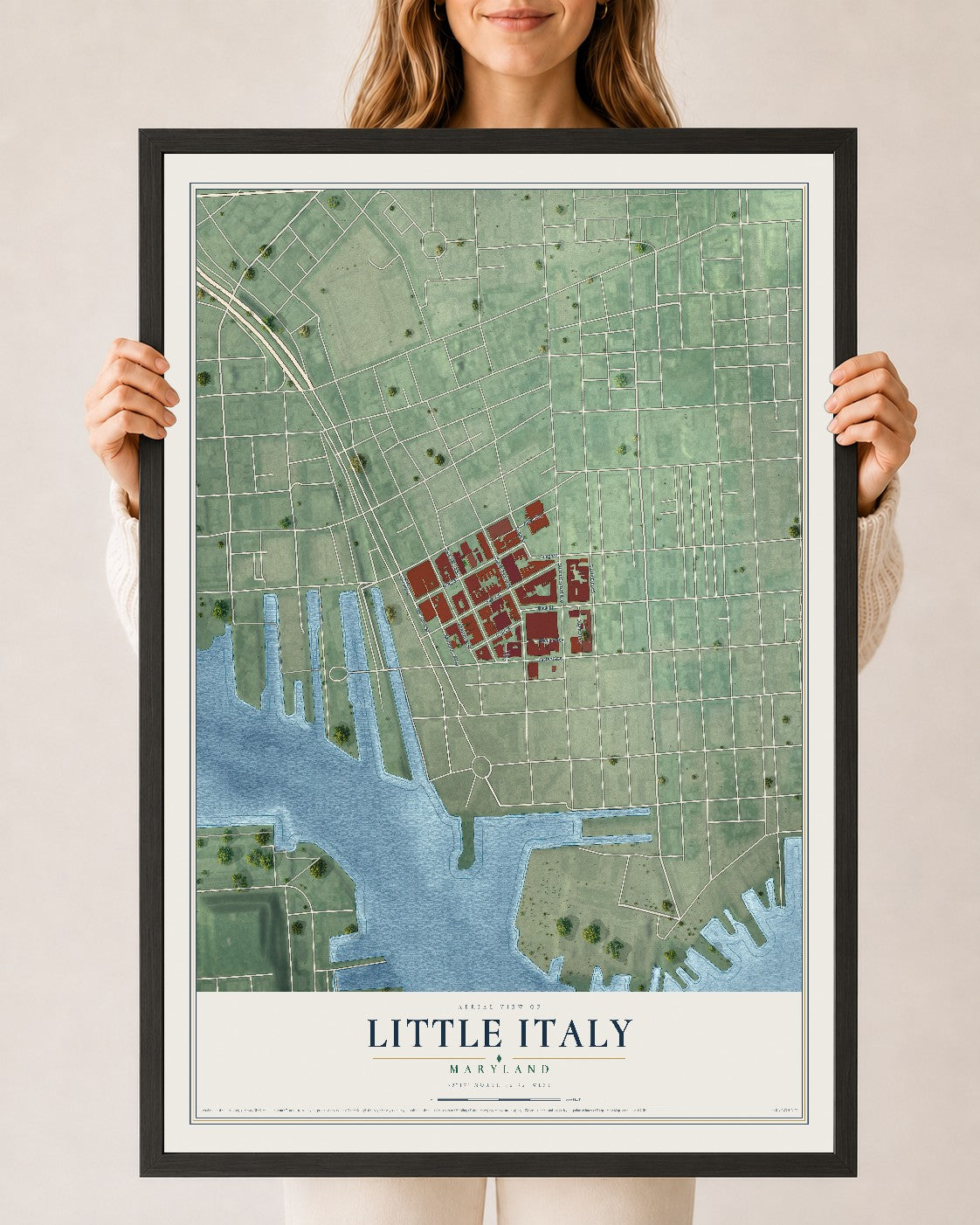 Map of Little Italy, Maryland, 24 x 36 inch print in a black wood frame