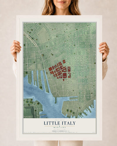 Map of Little Italy, Maryland, 24 x 36 inch print in a white wood frame