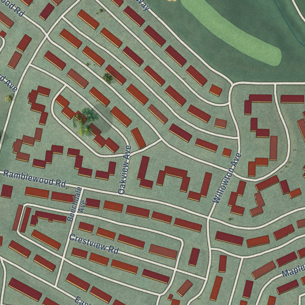Second close-up of the map of Loch Raven, Maryland print showing more streets and buildings