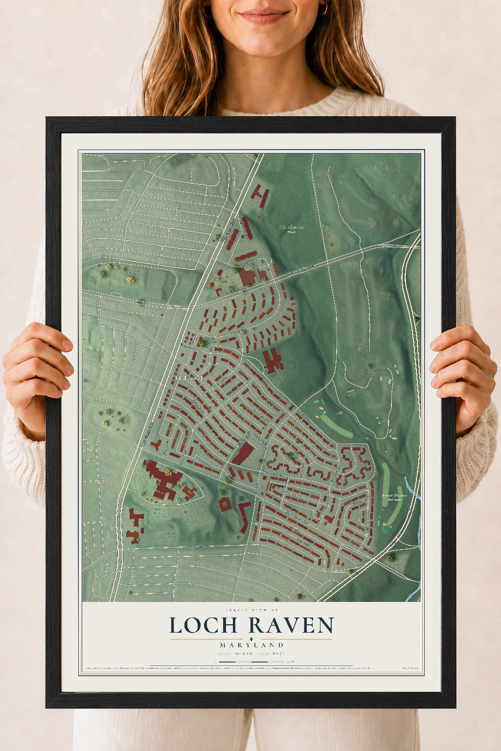 Map of Loch Raven, Maryland, 18 x 24 inch print in a black wood frame