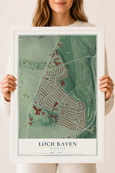 Map of Loch Raven, Maryland, 18 x 24 inch print in a white wood frame