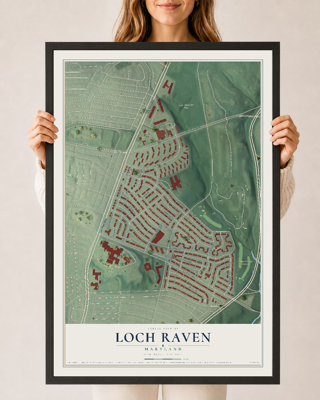 Map of Loch Raven, Maryland, 24 x 36 inch print in a black wood frame