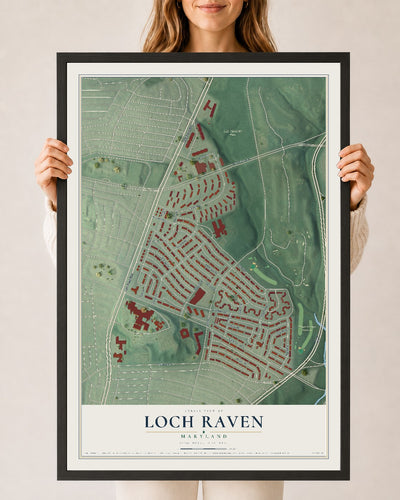 Map of Loch Raven, Maryland, 24 x 36 inch print in a black wood frame