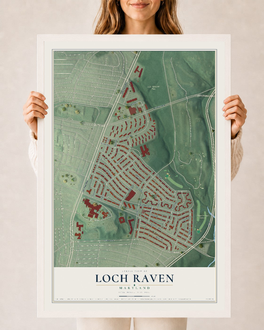 Map of Loch Raven, Maryland, 24 x 36 inch print in a white wood frame