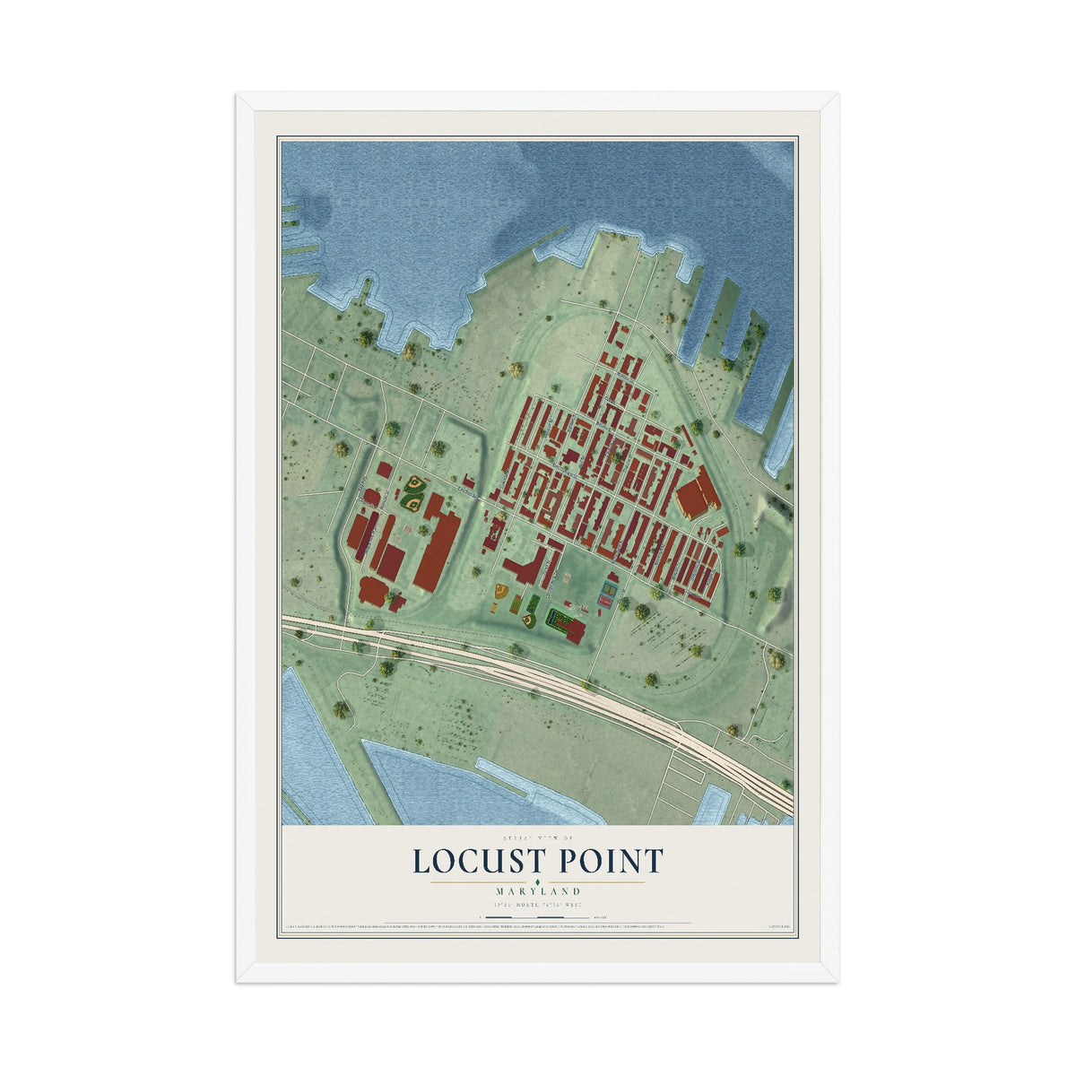 Map of Locust Point, Maryland, 12 x 18 inch print in a white wood frame
