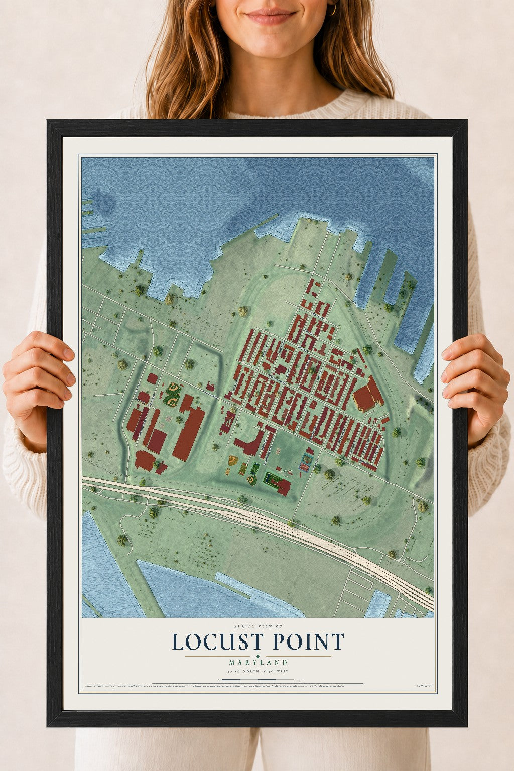 Map of Locust Point, Maryland, 18 x 24 inch print in a black wood frame