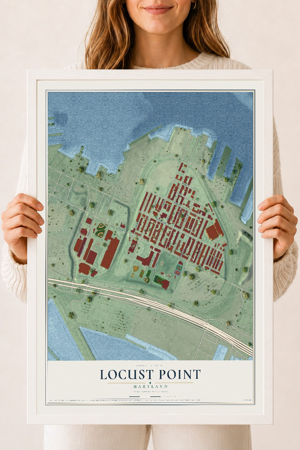 Map of Locust Point, Maryland, 18 x 24 inch print in a white wood frame