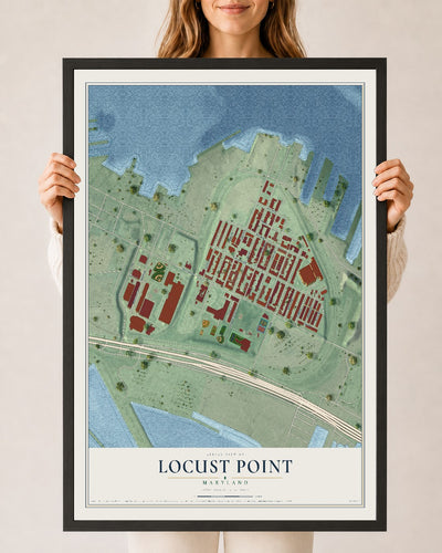 Map of Locust Point, Maryland, 24 x 36 inch print in a black wood frame