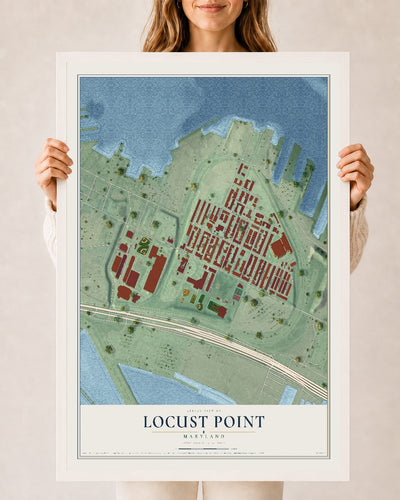 Map of Locust Point, Maryland, 24 x 36 inch print in a white wood frame