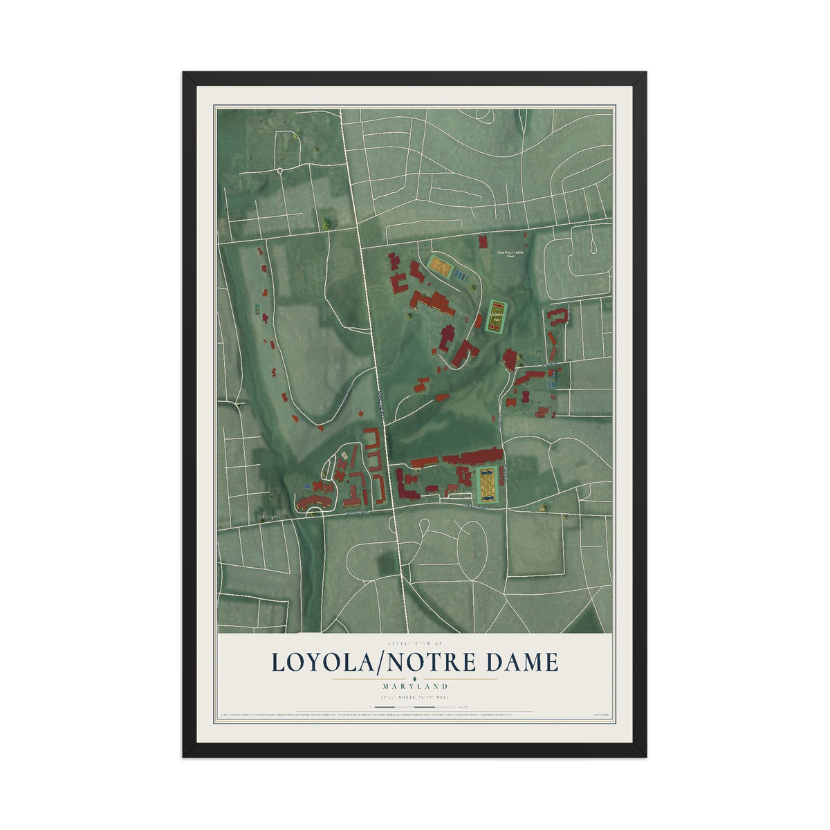Map of Loyola-Notre Dame, Maryland, 12 x 18 inch print in a black wood frame