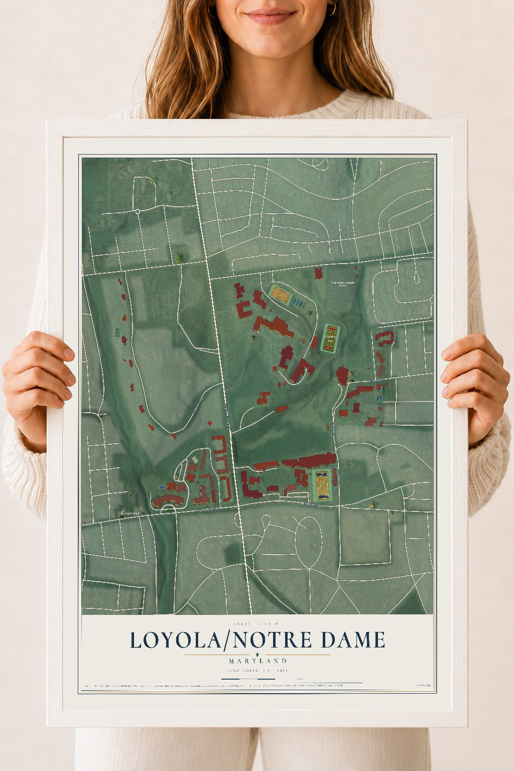 Map of Loyola-Notre Dame, Maryland, 18 x 24 inch print in a white wood frame