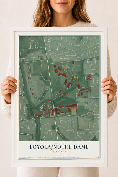 Map of Loyola-Notre Dame, Maryland, 18 x 24 inch print in a white wood frame