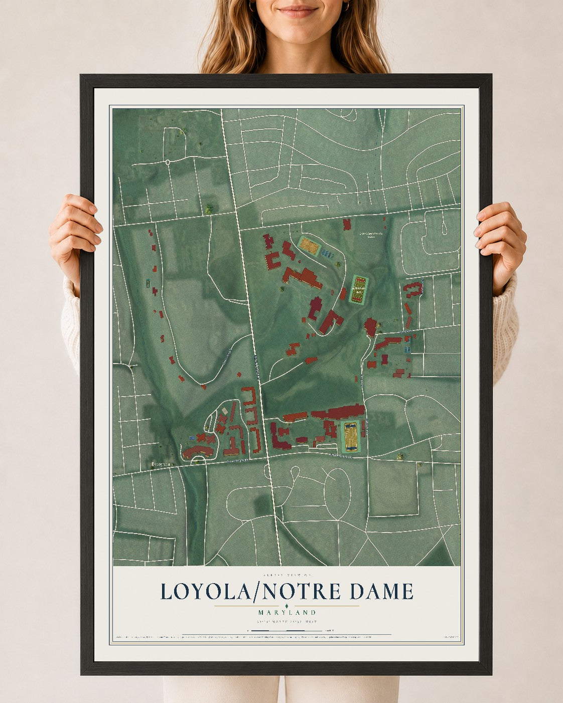 Map of Loyola-Notre Dame, Maryland, 24 x 36 inch print in a black wood frame