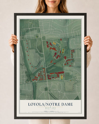 Map of Loyola-Notre Dame, Maryland, 24 x 36 inch print in a black wood frame