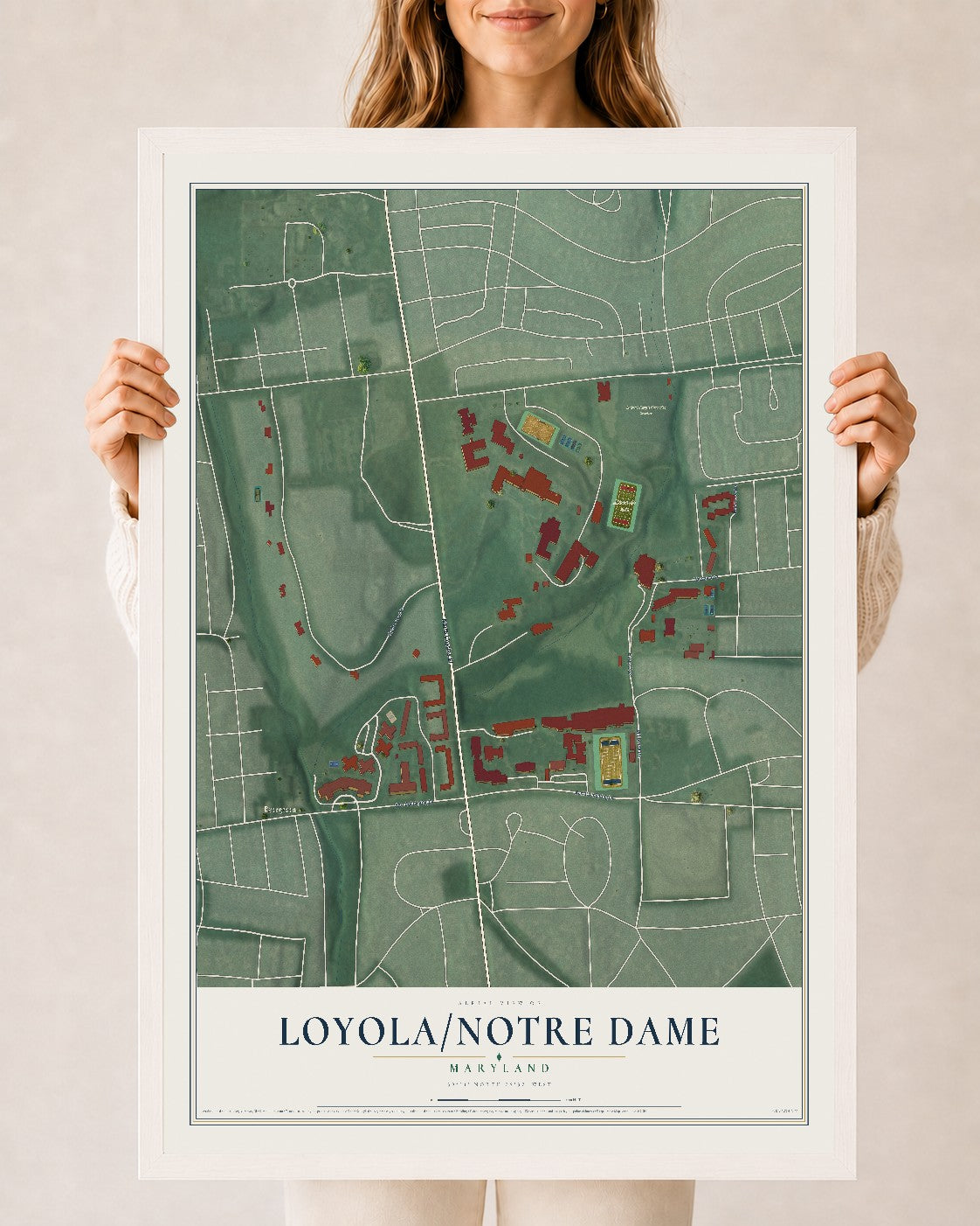 Map of Loyola-Notre Dame, Maryland, 24 x 36 inch print in a white wood frame