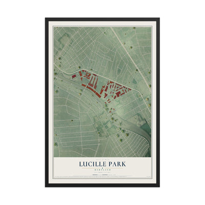 Map of Lucille Park, Maryland, 12 x 18 inch print in a black wood frame