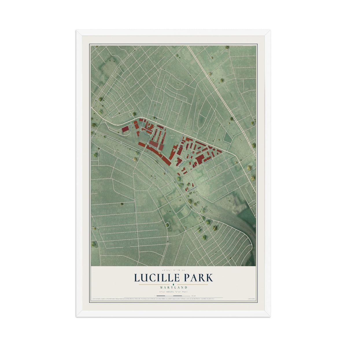 Map of Lucille Park, Maryland, 12 x 18 inch print in a white wood frame