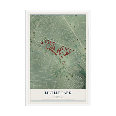Map of Lucille Park, Maryland, 12 x 18 inch print in a white wood frame