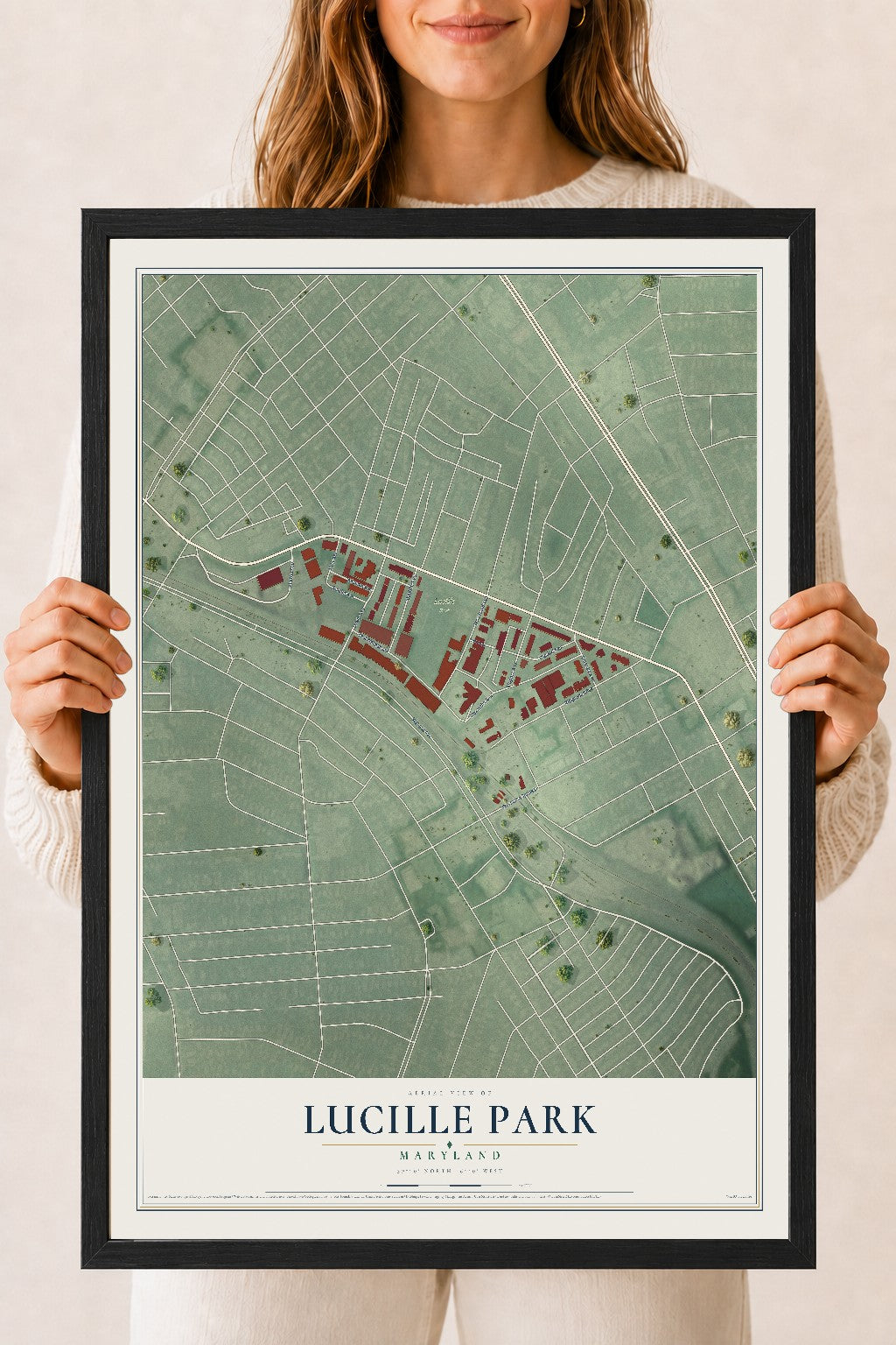 Map of Lucille Park, Maryland, 18 x 24 inch print in a black wood frame