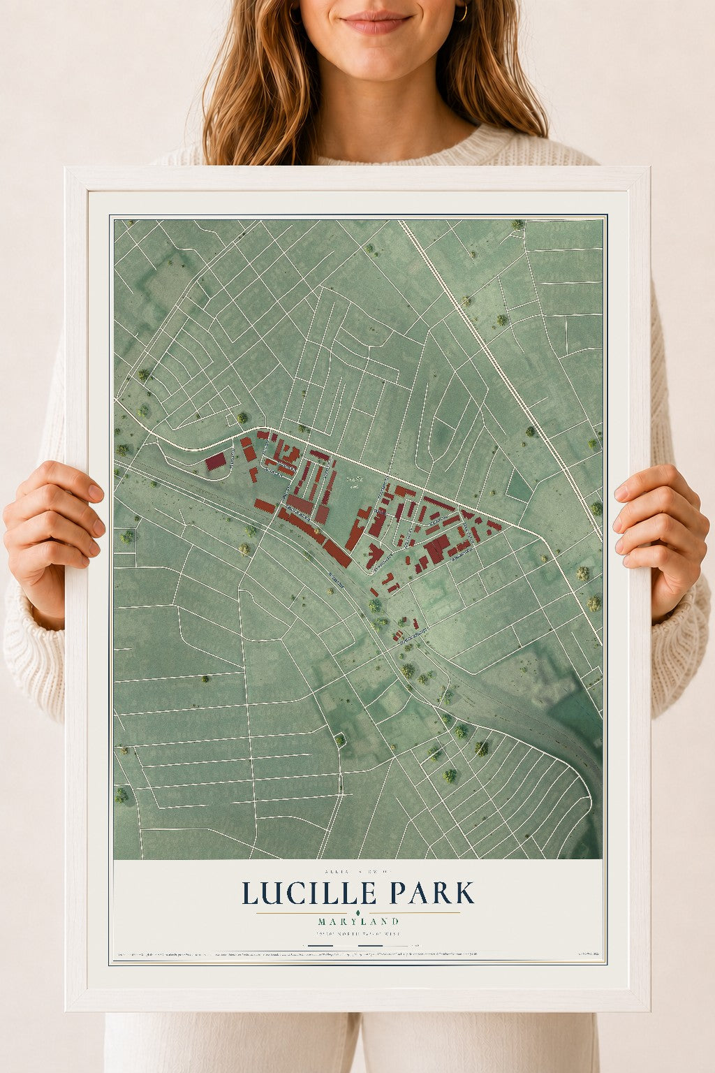 Map of Lucille Park, Maryland, 18 x 24 inch print in a white wood frame