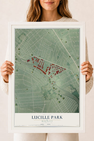 Map of Lucille Park, Maryland, 18 x 24 inch print in a white wood frame