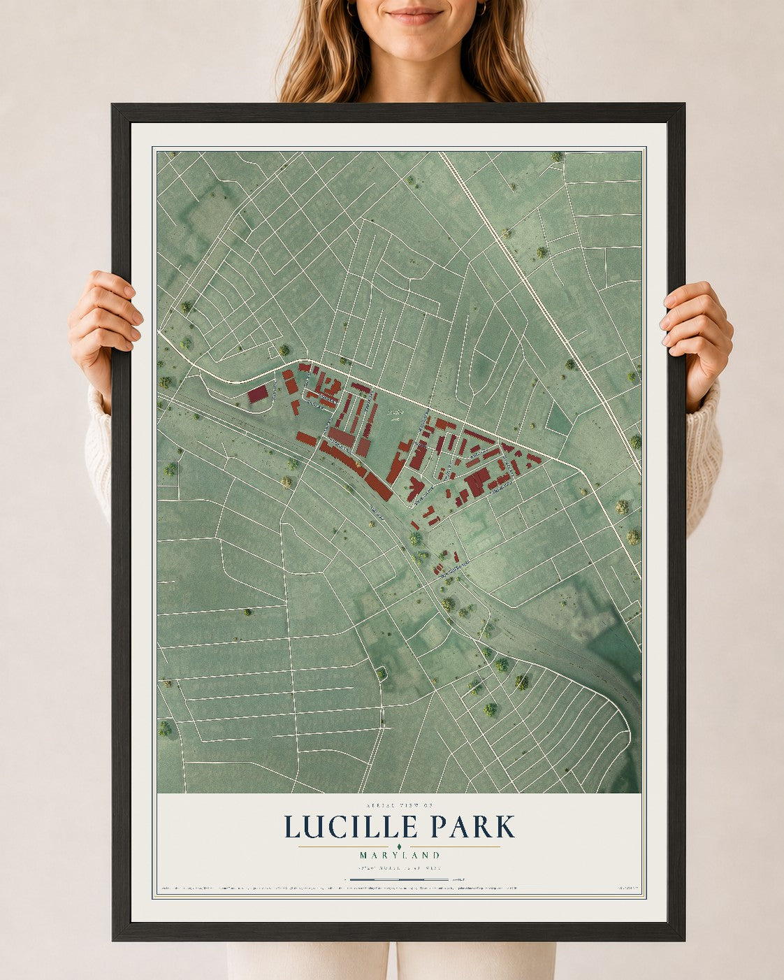 Map of Lucille Park, Maryland, 24 x 36 inch print in a black wood frame