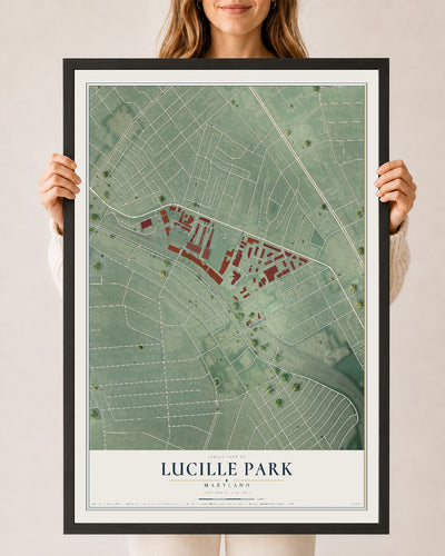 Map of Lucille Park, Maryland, 24 x 36 inch print in a black wood frame